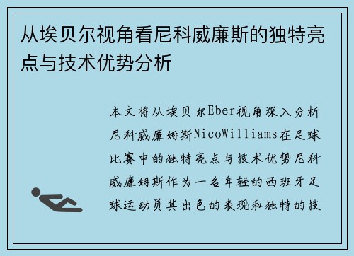 从埃贝尔视角看尼科威廉斯的独特亮点与技术优势分析
