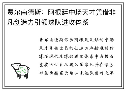 费尔南德斯：阿根廷中场天才凭借非凡创造力引领球队进攻体系
