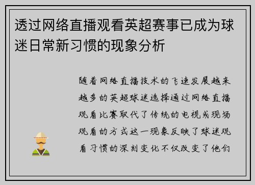 透过网络直播观看英超赛事已成为球迷日常新习惯的现象分析