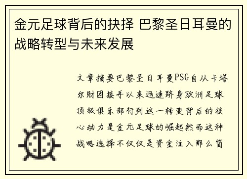 金元足球背后的抉择 巴黎圣日耳曼的战略转型与未来发展